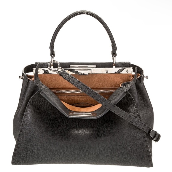 FENDI Peekaboo SMALL Black Saddle Brown Selleria Bag 1048 Hand-Sewn Topstitch - Picture 1 of 16